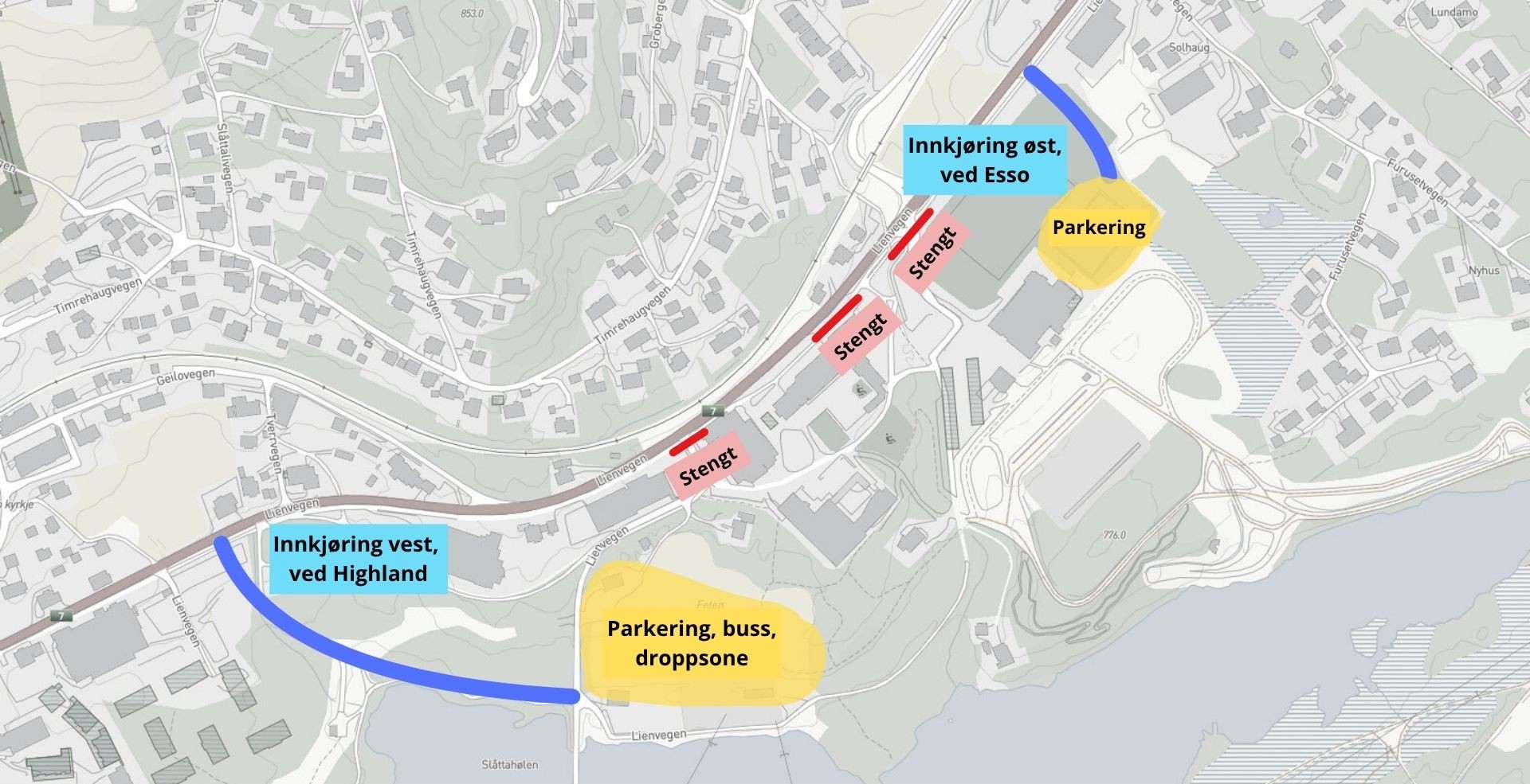 Oversiktskart over ny parkering ved Geilo Barne. og ungdomsskole. Viser innkjøring ved Highland, og innkjøring til østre parkeringsplass ved Esso. Veiene ned til skolen mellom disse avkjørslene er stengt. 