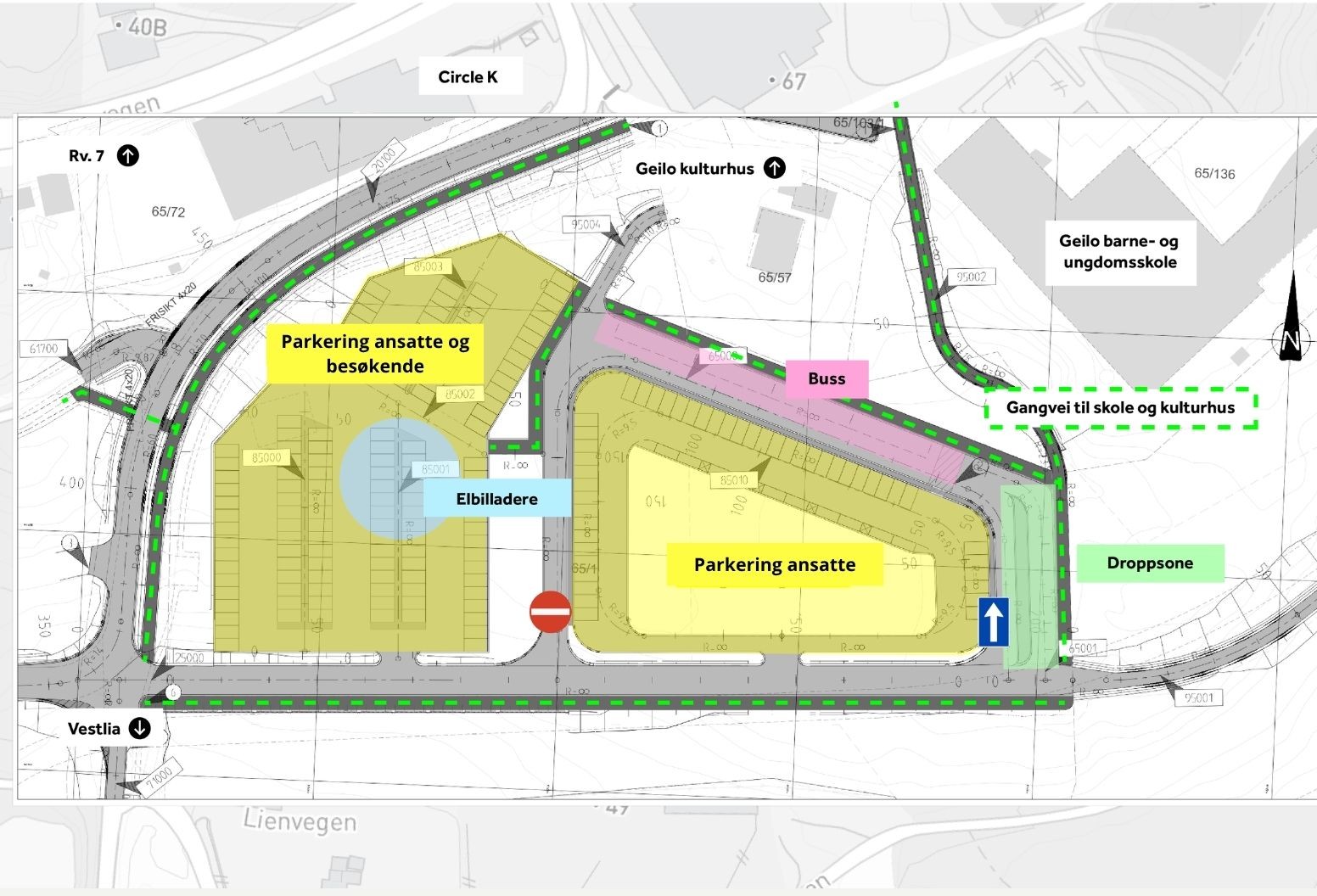 Kart over ny parkering ved Geilo barne- og ungdomsskole. Parkeringen ligger i trianglet mellom kulturhuset, gangbroa til Vestlia og Geilo barne- og ungdomsskole. Det er område for buss og dropsone nærmest skolen, med gangvei opp til skolen. Resterende område er parkering for ansatte og besøkende, med et område for elbilladere. 