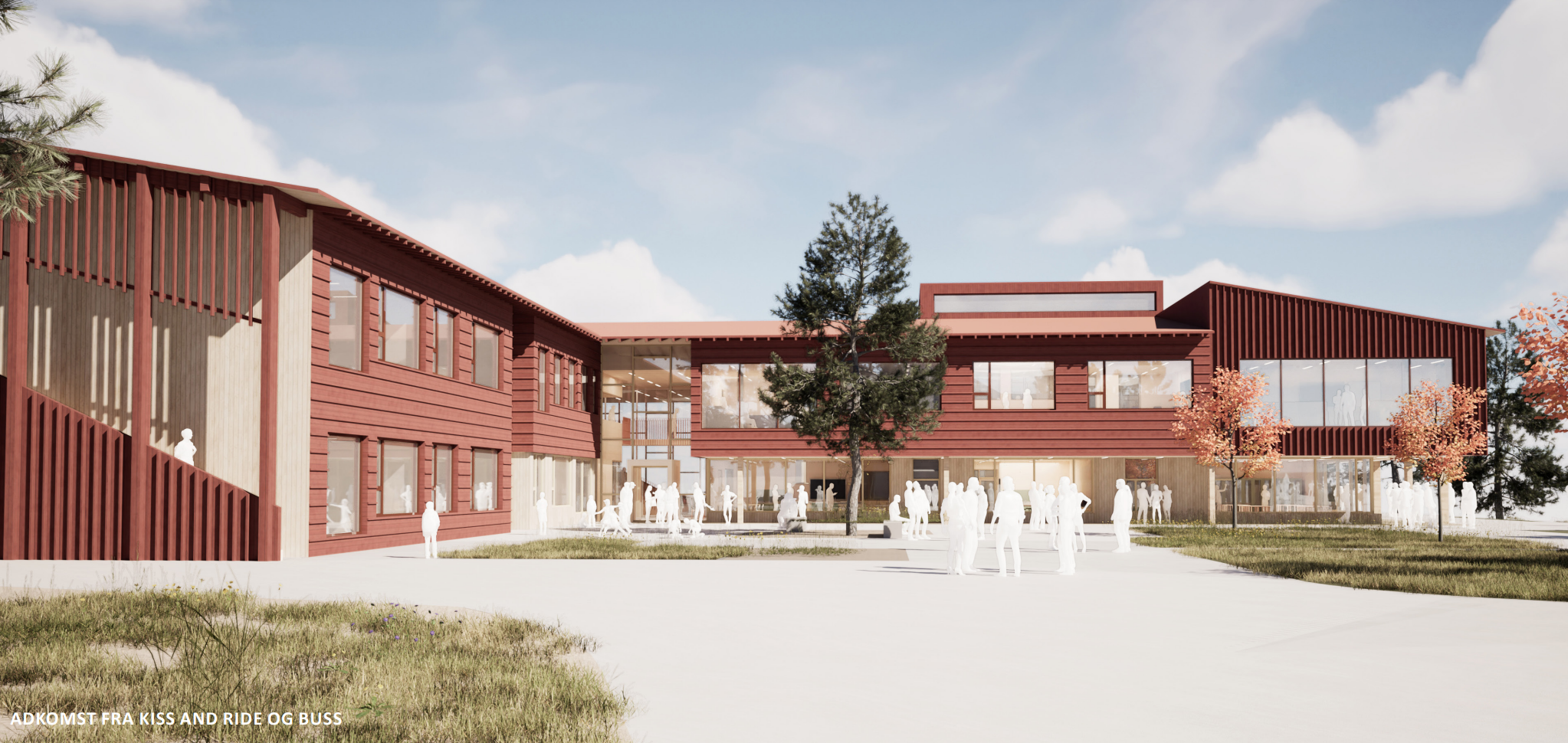 Bildet viser en illustrasjon av ankomsten til den nye skolen. Skolen er lav og i en dempet rød. Det er trær og plener i området.
