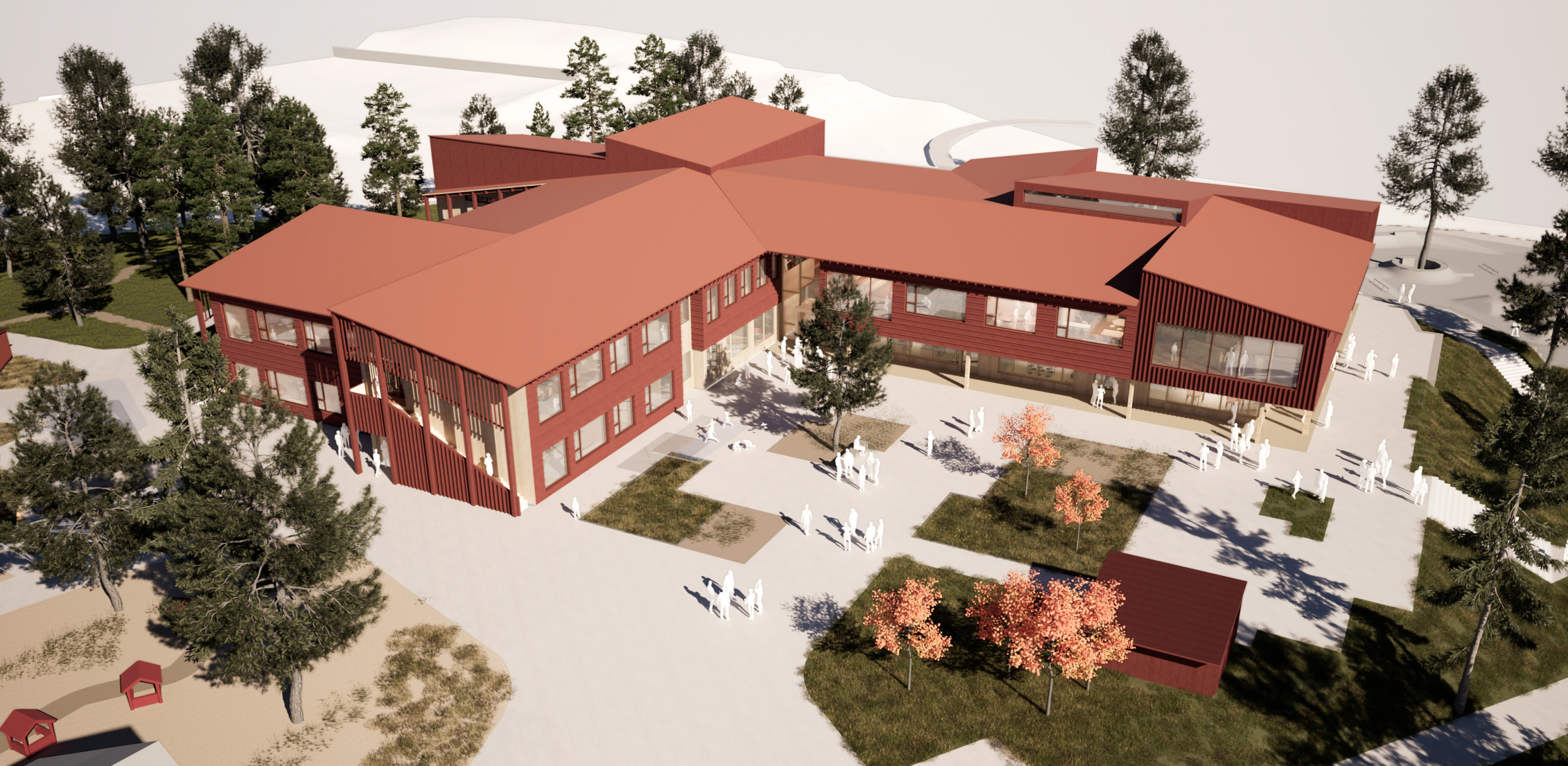Bildet viser en illustrasjon av den nye skolen, skrått fra oversiden. Bygget er i en dempet rød, med spredde trær rundt. Bygget former en vinkel der plassen har gangveier, planer og personer som går rundt. 