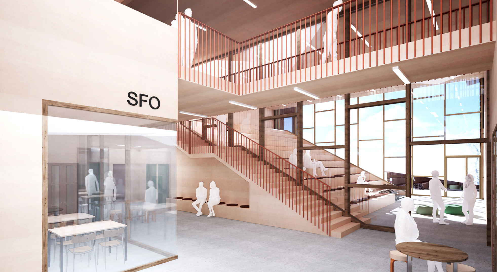Bildet viser en illustrasjon av et inneområde på den nye skolen med teksten SFO på en vegg. Det er lyst og luftig med mye glassflater. Hovedrommet er åpent i to etasjer, og det er åpne gangveier langs veggen i andre etasje. 
